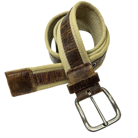 LEATHER Canvas Belt Brown Tan 100% Cotton Utility Range Work Outdoor Men Size 36 - Picture 1 of 7